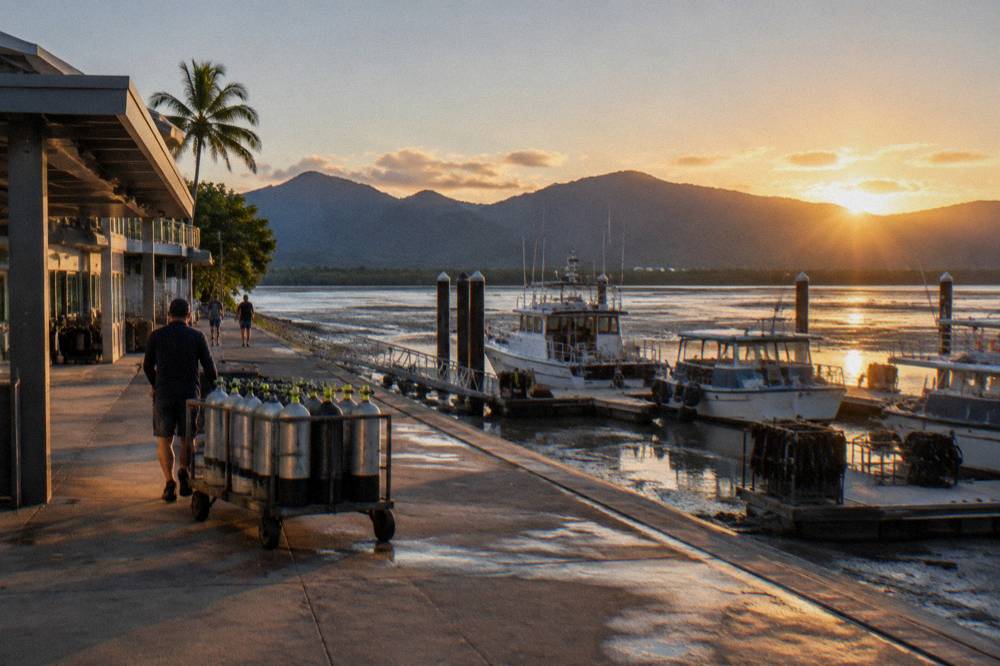 Marina pontoons with fishing boats moored beside a city waterfront at sunrise